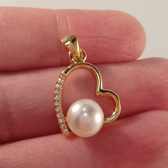 18K Yellow Gold Filled Heart Pearl Diamond Zircon Romantic Necklace Pendant - Picture 2 of 6